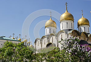 Russian Orthodox monastery church in sunny weather blue sky