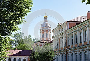 Russian Orthodox monastery church in sunny weather blue sky