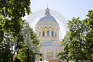 Russian Orthodox monastery church in sunny weather blue sky