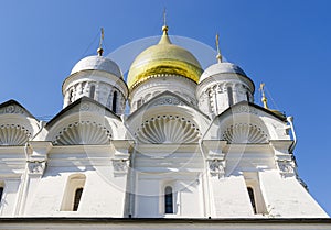 Russian Orthodox monastery church in sunny weather blue sky