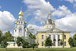 Russian Orthodox monastery church in sunny weather blue sky