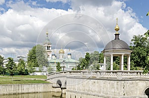 Russian Orthodox monastery church in sunny weather blue sky