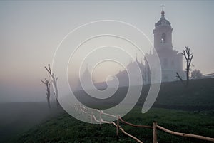 Russian orthodox monastery at sunrise.