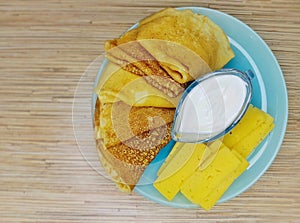 Russian Pancakes and cheese with sour cream