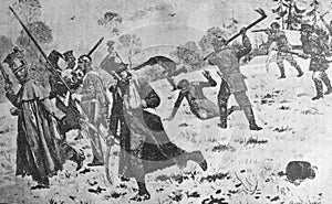 Russian peasants attack lagging French. From a picture by Maurice Orange in the old book The life of Napoleon, by W. Sloon, 1896,