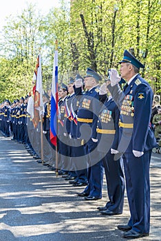 Russian pilots officers at a military parade in solemn form