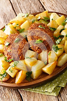 Russian Pozharsky cutlets with a side dish of fried potatoes close-up in a plate. vertical