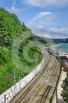 Russian Railway Track Running Along The Black Sea Shore