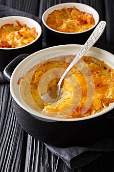 Russian Romanoff casserole made from potatoes, sour cream and cheddar cheese close-up in a pan. vertical