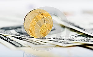 Russian roubles coins on dollars and