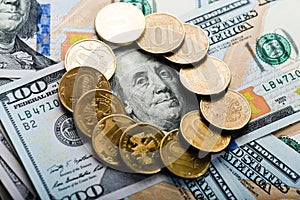Russian roubles coins on dollars