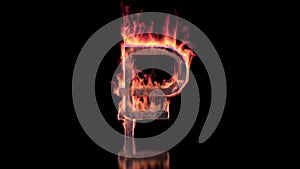 Russian rubel sign burning in flames on the glossy surface
