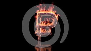 Russian rubel sign burning in flames on the glossy surface photo