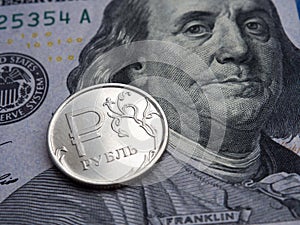 Russian ruble on dollars background
