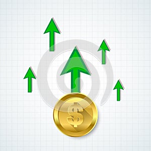 Russian ruble green rise arrow of economy. Vector illustration