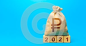 Russian ruble money bag and blocks 2021. Budget planning. Beginning of new decade. Business plans and development prospects