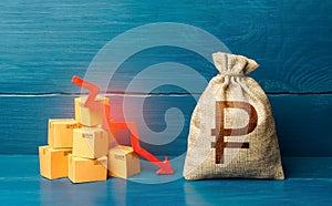 Russian ruble money bag and down arrow. Bad consumer sentiment and demand for goods. Low sales. Production decline. Reduced