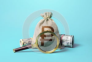 Russian ruble money bag and magnifying glass. Anti money laundering, tax evasion. Deposit or loan terms and conditions. Find