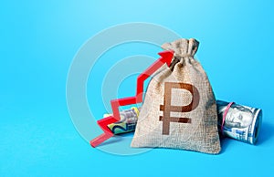 Russian ruble money bag and red up arrow. Economic growth, GDP. Increase in the deposit rate. Increase income and business