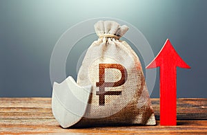 Russian ruble money bag with a shield and a red arrow up. Safety of investments savings. Increasing maximum amount of guaranteed