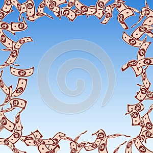 Russian ruble notes falling. Floating RUB bills on blue