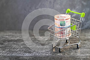 Russian rubles in a grocery basket. banknotes of 5000 rubles. Selective focus