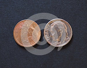 10 Russian rubles kopecks and 10 USD cents coins photo
