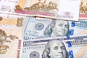 Russian rubles rub and american dollars usd exchange rate concept