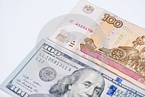 Russian rubles rub and american dollars usd exchange rate concept