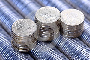 Russian rubles stack of metal silver coins background