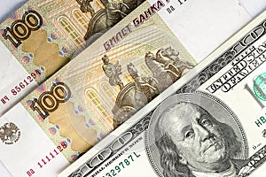 Russian rubles and US dollars as background