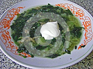 Russian rustic cuisine : nettle green soup in a rustic bowl, soup of herbal vitamins for health