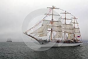 Russian sailing ship Nadezhda with outstretched sails.