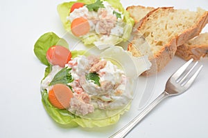 russian salad with tuna mayonnaise carrots tomato peans starter food on white background and bread and fork photo