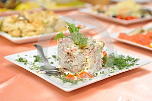 Russian salad on white square plate