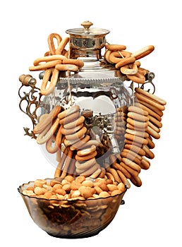 Russian samovar with bagels on the white background, isolate