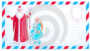 Russian santa claus and snow maiden design christmas card template envelope for letter