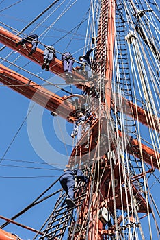 Russian seamen working aloft