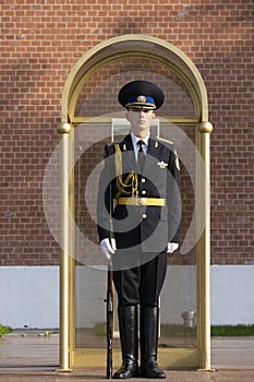 Russian soldier on guard in the Moscow Kremlin. Honor guard near the tomb of the unknown soldier. The dress uniform of the Russian