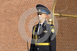 Russian soldier on guard in the Moscow Kremlin. Honor guard near the tomb of the unknown soldier. The dress uniform of the Russian