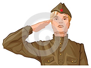 Russian soldier man in retro military uniform salutes with his hand photo