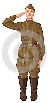 Russian soldier salutes. Military man in retro uniform isolated on white photo