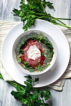 Russian soup borsch with parsley