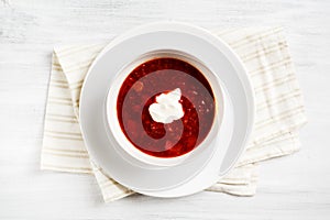 Russian soup borsch on white table