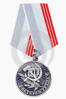 Russian Soviet Medal For For The Diligent Work Of Many Years Isolated White Background