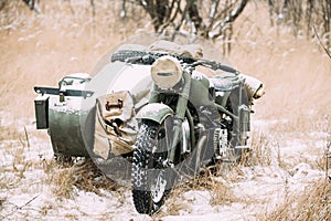 Russian Soviet Military Warfare Of WW2 Time. Red Army Old Tricar, Three-Wheeled Motorbike Of World War II Time In Winter