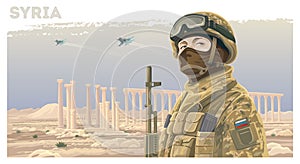 Russian special forces against the background of the Syrian landscape
