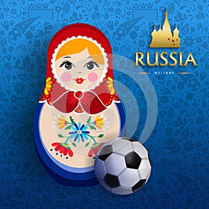 Russian sport event poster of doll and soccer ball