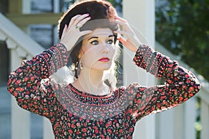 Russian style beauty woman wearing fur Cossack hat