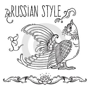 Russian style decorative folk bird. Vector hand-drawn illustration. Floral decorative motifs and fidelity to traditions.